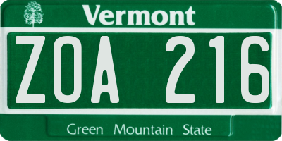 VT license plate ZOA216
