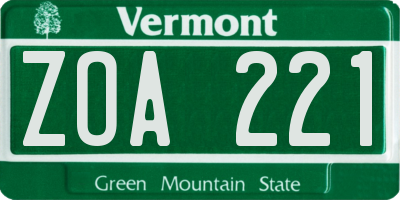VT license plate ZOA221