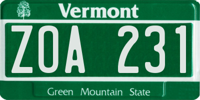 VT license plate ZOA231