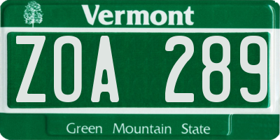VT license plate ZOA289