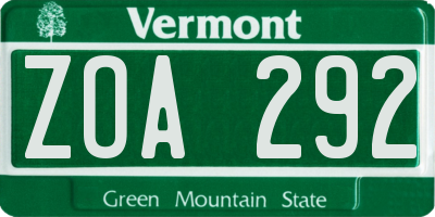 VT license plate ZOA292