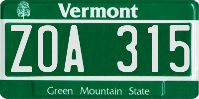 VT license plate ZOA315