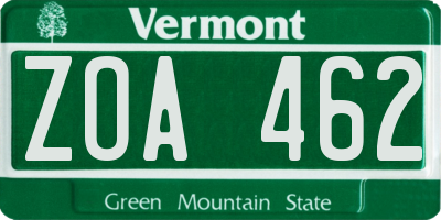 VT license plate ZOA462
