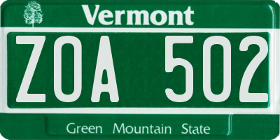 VT license plate ZOA502