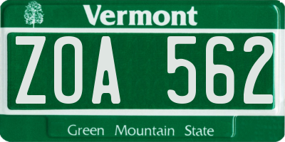 VT license plate ZOA562