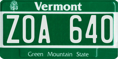 VT license plate ZOA640