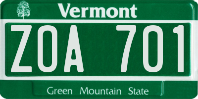 VT license plate ZOA701