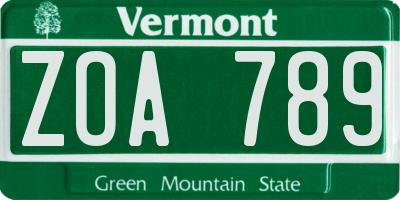 VT license plate ZOA789
