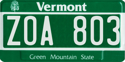 VT license plate ZOA803