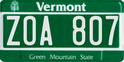 VT license plate ZOA807