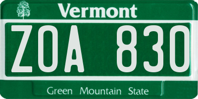 VT license plate ZOA830