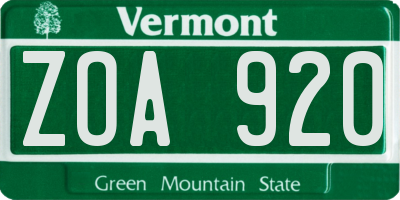 VT license plate ZOA920