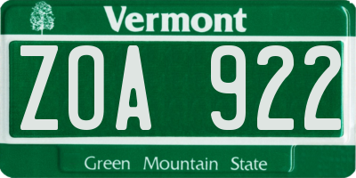 VT license plate ZOA922