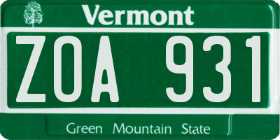 VT license plate ZOA931