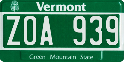 VT license plate ZOA939