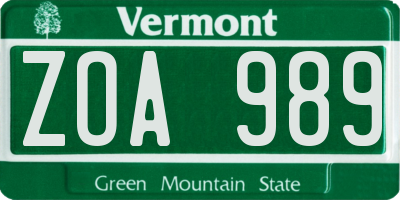 VT license plate ZOA989