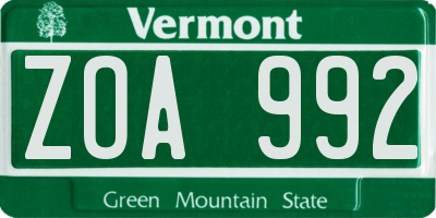 VT license plate ZOA992