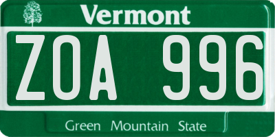 VT license plate ZOA996