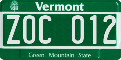 VT license plate ZOC012