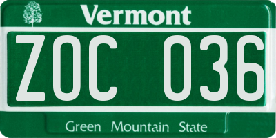 VT license plate ZOC036