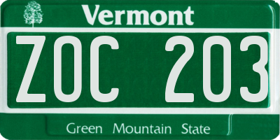 VT license plate ZOC203