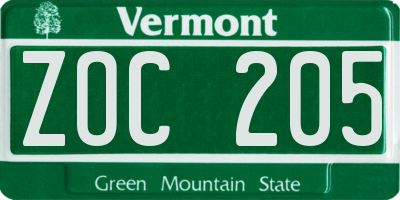 VT license plate ZOC205