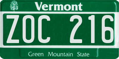 VT license plate ZOC216