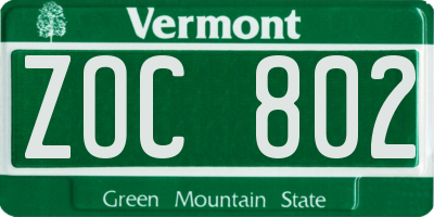 VT license plate ZOC802
