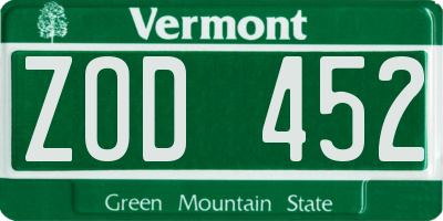 VT license plate ZOD452