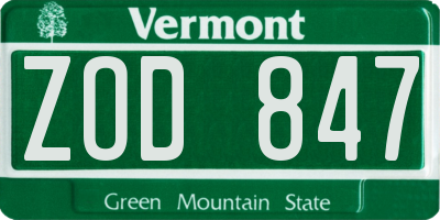 VT license plate ZOD847