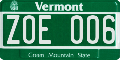 VT license plate ZOE006