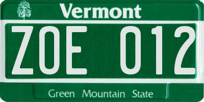 VT license plate ZOE012