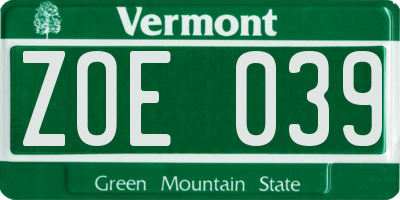 VT license plate ZOE039