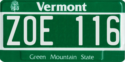 VT license plate ZOE116