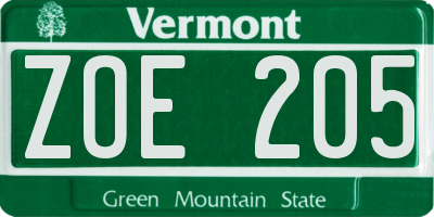 VT license plate ZOE205