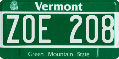 VT license plate ZOE208