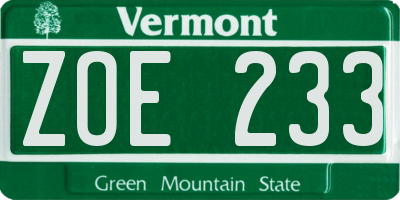 VT license plate ZOE233