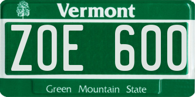 VT license plate ZOE600