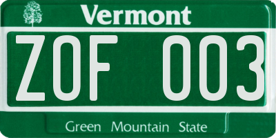 VT license plate ZOF003