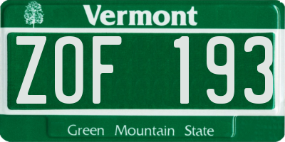VT license plate ZOF193