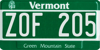 VT license plate ZOF205