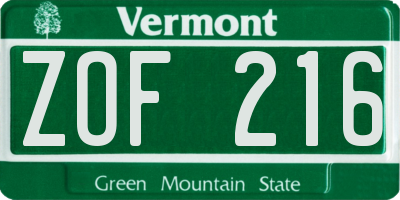 VT license plate ZOF216
