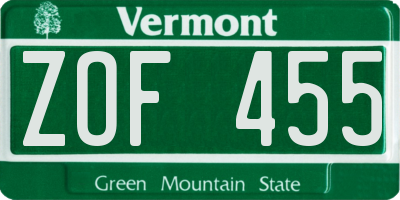 VT license plate ZOF455