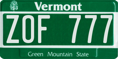 VT license plate ZOF777