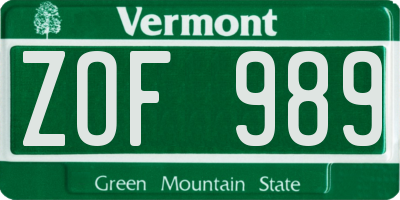 VT license plate ZOF989