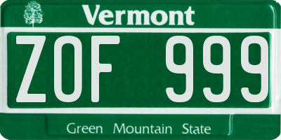 VT license plate ZOF999