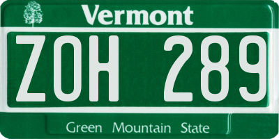 VT license plate ZOH289