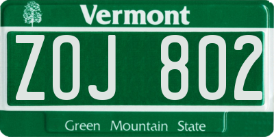 VT license plate ZOJ802