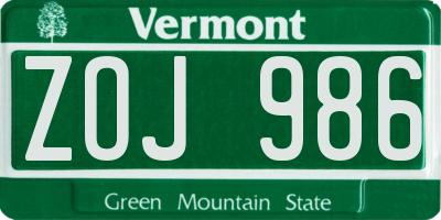 VT license plate ZOJ986