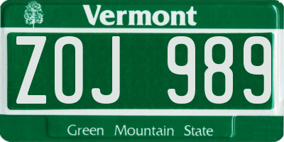 VT license plate ZOJ989